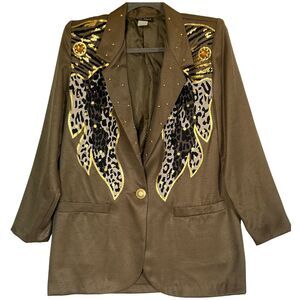 Vintage 80s AB Sport Blazer – Army Green Gold Accents, Animal Print, Jewels